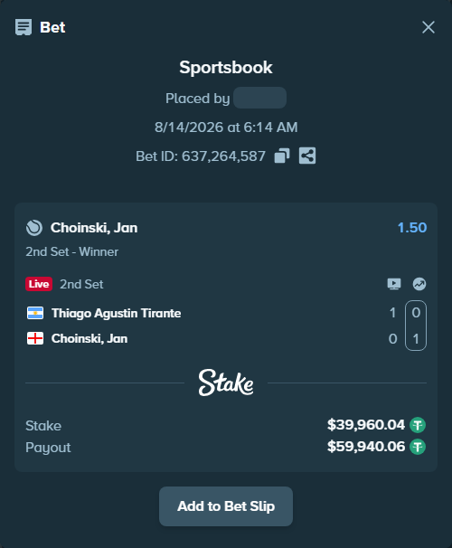 Bet slip: Thiago Agustin Tirante - Choinski, Jan, $40,000.00 stake at 1.50 odds, placed by ayoflasher