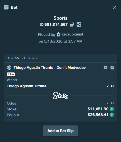Bet slip: Thiago Agustin Tirante - Daniil Medvedev, $11,451.90 stake at 2.32 odds, placed by crazypianist