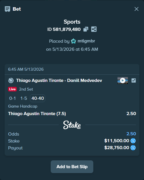 Bet slip: Thiago Agustin Tirante - Daniil Medvedev, $11,500.00 stake at 2.50 odds, placed by mtlgmbr