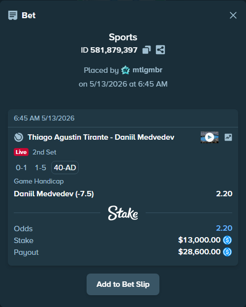 Bet slip: Thiago Agustin Tirante - Daniil Medvedev, $13,000.00 stake at 2.20 odds, placed by mtlgmbr