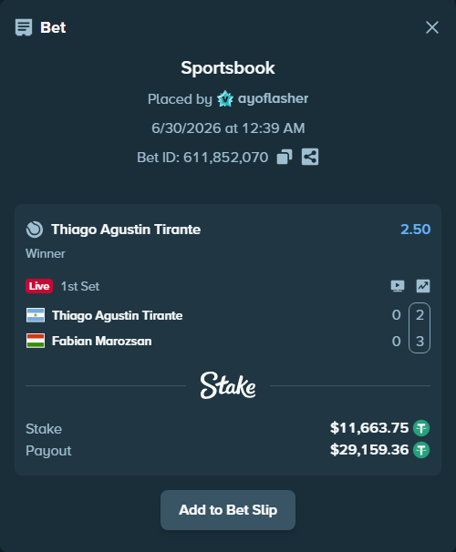 Bet slip: Thiago Agustin Tirante - Fabian Marozsan, $11,687.07 stake at 2.50 odds, placed by ayoflasher