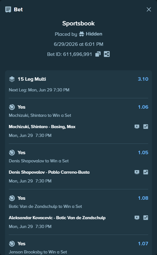 Bet slip: Thiago Agustin Tirante - Fabian Marozsan, $201,850.65 stake at 1.07 odds, placed by Hidden