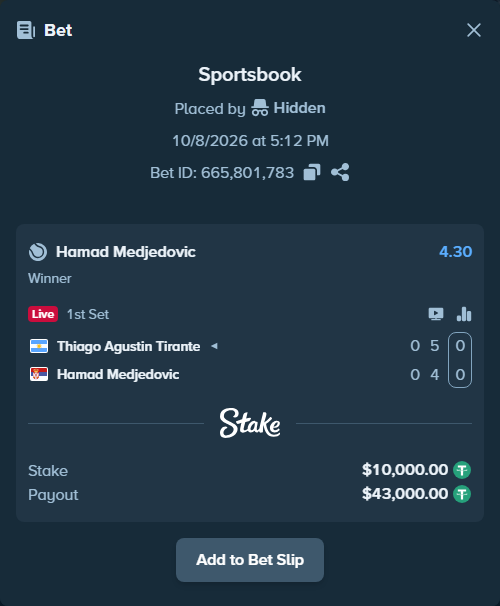Bet slip: Thiago Agustin Tirante - Hamad Medjedovic, $10,000.00 stake at 4.30 odds, placed by BetlikeaKing