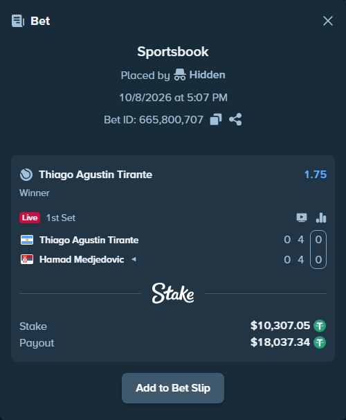 Bet slip: Thiago Agustin Tirante - Hamad Medjedovic, $10,307.05 stake at 1.75 odds, placed by Hidden