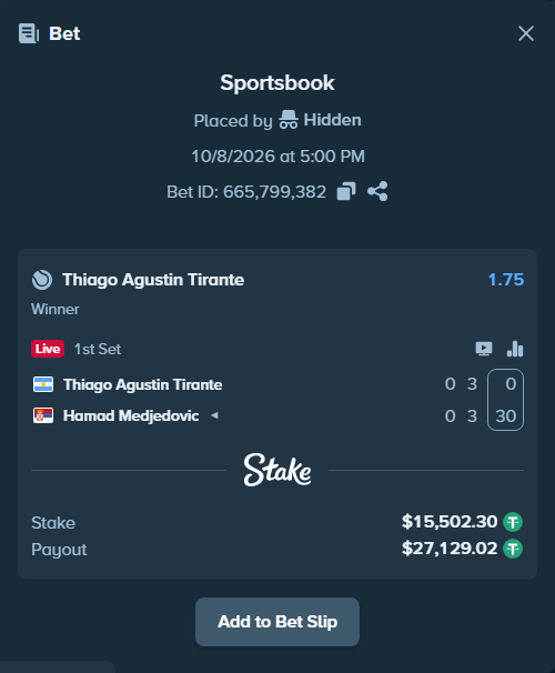 Bet slip: Thiago Agustin Tirante - Hamad Medjedovic, $15,502.30 stake at 1.75 odds, placed by Hidden