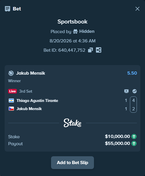 Bet slip: Thiago Agustin Tirante - Jakub Mensik, $10,000.00 stake at 5.50 odds, placed by Hidden