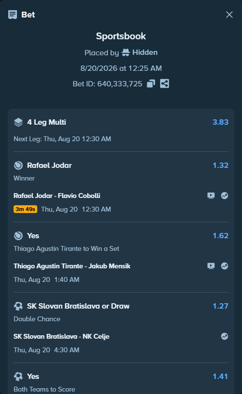 Bet slip: Thiago Agustin Tirante - Jakub Mensik, $13,969.03 stake at 1.62 odds, placed by Hidden