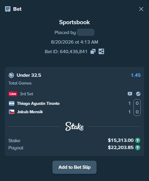 Bet slip: Thiago Agustin Tirante - Jakub Mensik, $15,313.00 stake at 1.45 odds, placed by privetmedvet15