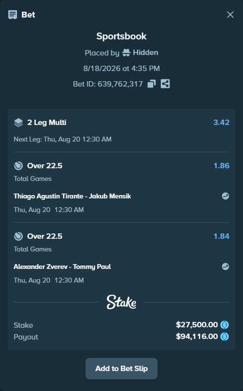 Bet slip: Thiago Agustin Tirante - Jakub Mensik, $27,500.00 stake at 1.86 odds, placed by Hidden