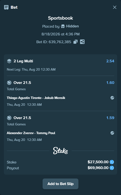 Bet slip: Thiago Agustin Tirante - Jakub Mensik, $27,500.00 stake at 1.60 odds, placed by Hidden