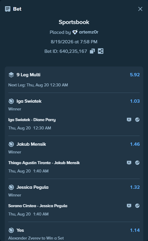 Bet slip: Thiago Agustin Tirante - Jakub Mensik, $33,271.85 stake at 1.46 odds, placed by artemz0r
