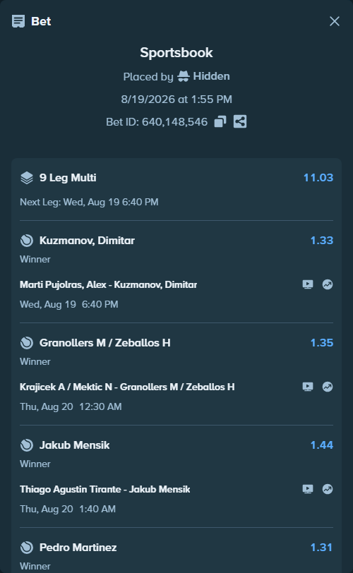 Bet slip: Thiago Agustin Tirante - Jakub Mensik, $39,535.40 stake at 1.44 odds, placed by Hidden