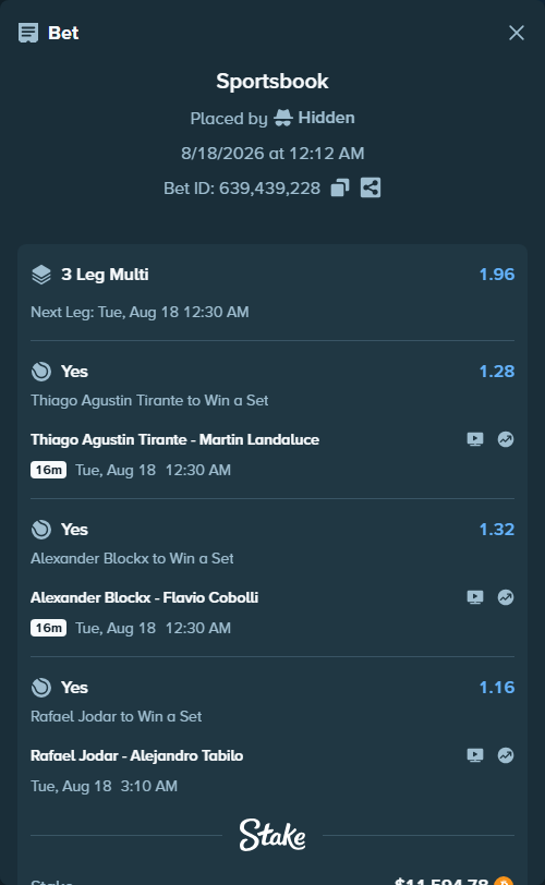 Bet slip: Thiago Agustin Tirante - Martin Landaluce, $14,281.13 stake at 1.28 odds, placed by Hidden