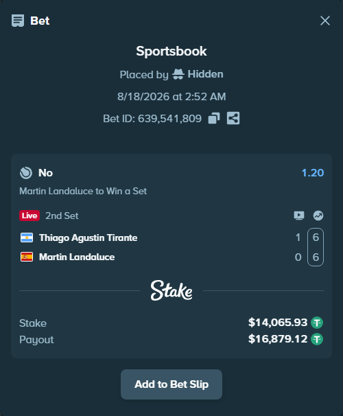 Bet slip: Thiago Agustin Tirante - Martin Landaluce, $14,080.00 stake at 1.20 odds, placed by Hidden