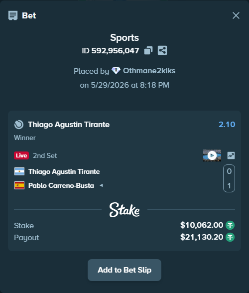 Bet slip: Thiago Agustin Tirante - Pablo Carreno-Busta, $10,072.06 stake at 2.10 odds, placed by Othmane2kiks