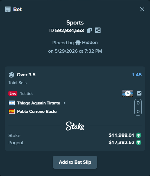 Bet slip: Thiago Agustin Tirante - Pablo Carreno-Busta, $12,000.00 stake at 1.45 odds, placed by Hidden