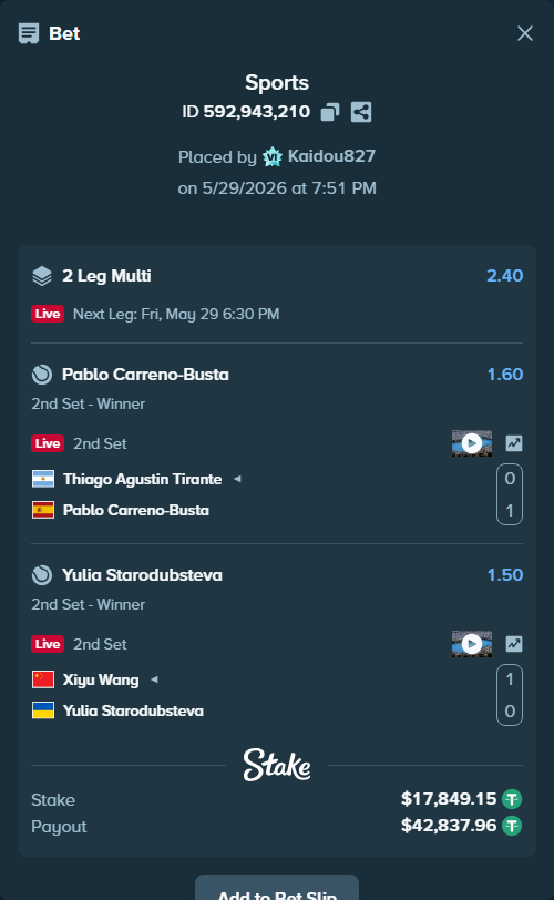Bet slip: Thiago Agustin Tirante - Pablo Carreno-Busta, $17,867.00 stake at 1.60 odds, placed by Kaidou827