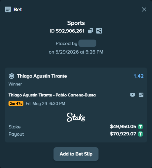 Bet slip: Thiago Agustin Tirante - Pablo Carreno-Busta, $50,000.00 stake at 1.42 odds, placed by diomancy