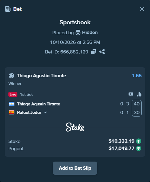 Bet slip: Thiago Agustin Tirante - Rafael Jodar, $10,343.53 stake at 1.65 odds, placed by Hidden