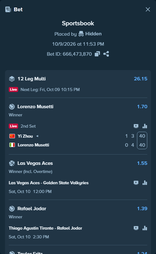 Bet slip: Thiago Agustin Tirante - Rafael Jodar, $110,285.36 stake at 1.39 odds, placed by Prettylfacko98