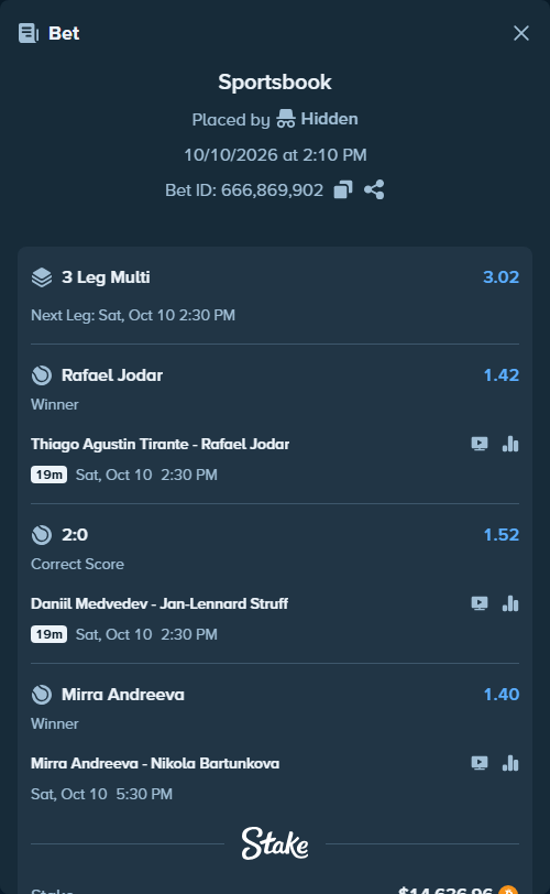 Bet slip: Thiago Agustin Tirante - Rafael Jodar, $14,660.87 stake at 1.42 odds, placed by Hidden