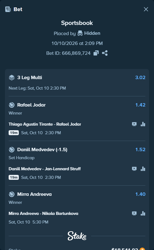 Bet slip: Thiago Agustin Tirante - Rafael Jodar, $18,572.20 stake at 1.42 odds, placed by Hidden