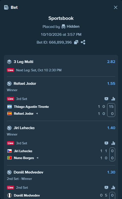 Bet slip: Thiago Agustin Tirante - Rafael Jodar, $75,705.63 stake at 1.55 odds, placed by Hidden