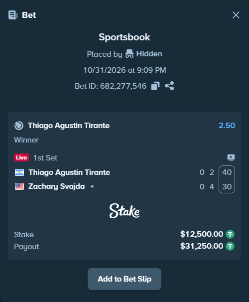 Bet slip: Thiago Agustin Tirante - Zachary Svajda, $12,512.50 stake at 2.50 odds, placed by Hidden