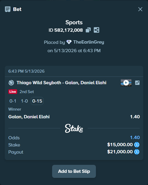 Bet slip: Thiago Wild Seyboth - Galan, Daniel Elahi, $15,000.00 stake at 1.40 odds, placed by TheEarlinGrey