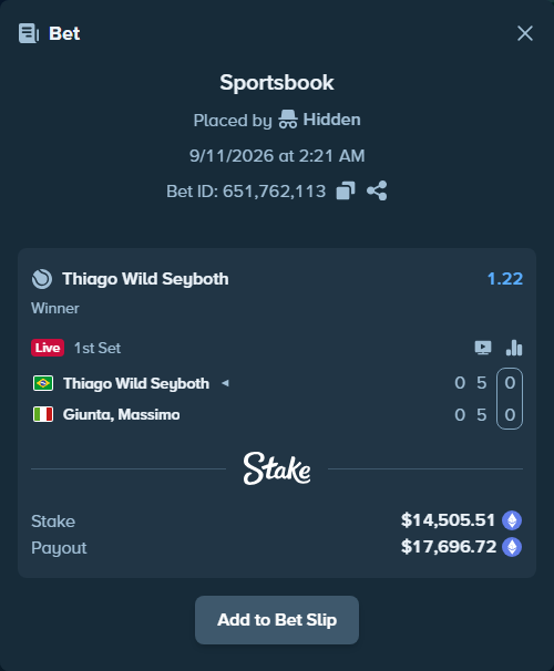 Bet slip: Thiago Wild Seyboth - Giunta, Massimo, $14,596.02 stake at 1.22 odds, placed by Hidden