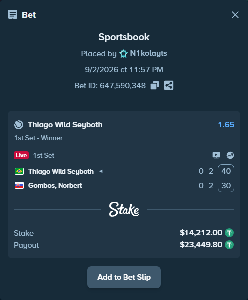 Bet slip: Thiago Wild Seyboth - Gombos, Norbert, $14,212.00 stake at 1.65 odds, placed by N1kolayts