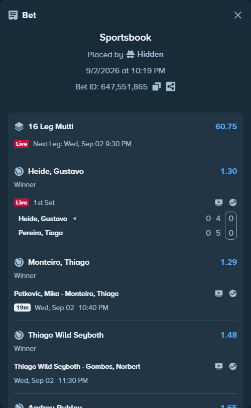 Bet slip: Thiago Wild Seyboth - Gombos, Norbert, $20,000.00 stake at 1.48 odds, placed by Hidden