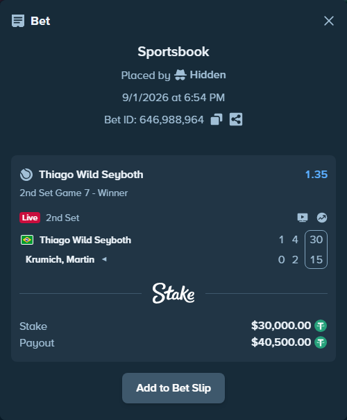 Bet slip: Thiago Wild Seyboth - Krumich, Martin, $30,000.00 stake at 1.35 odds, placed by Hidden