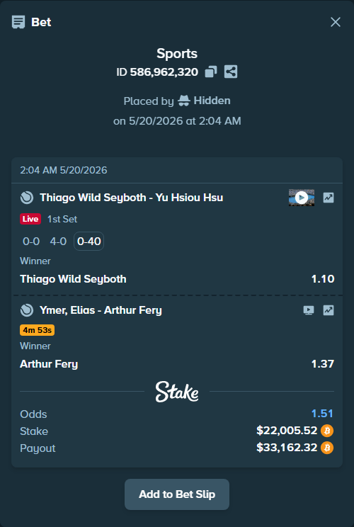 Bet slip: Thiago Wild Seyboth - Yu Hsiou Hsu, $18,460.96 stake at 1.10 odds, placed by Hidden