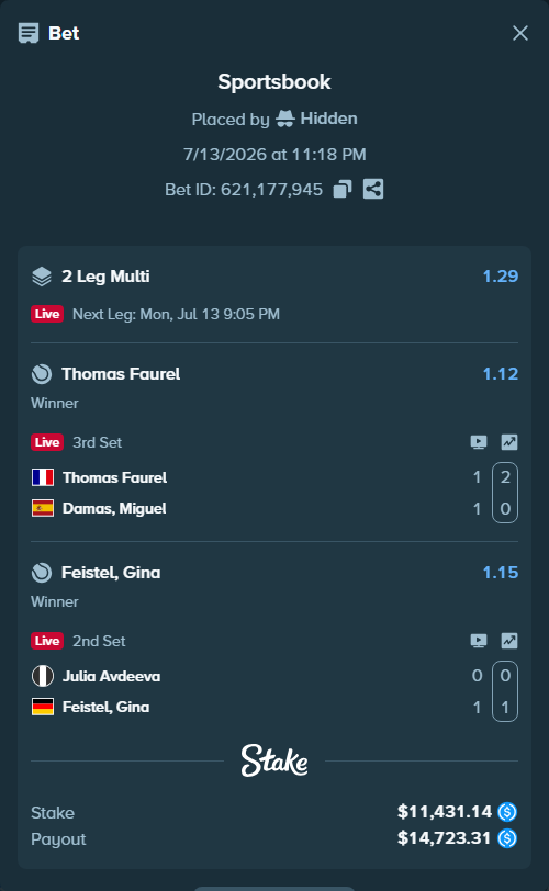 Bet slip: Thomas Faurel - Damas, Miguel, $11,431.14 stake at 1.12 odds, placed by Hidden