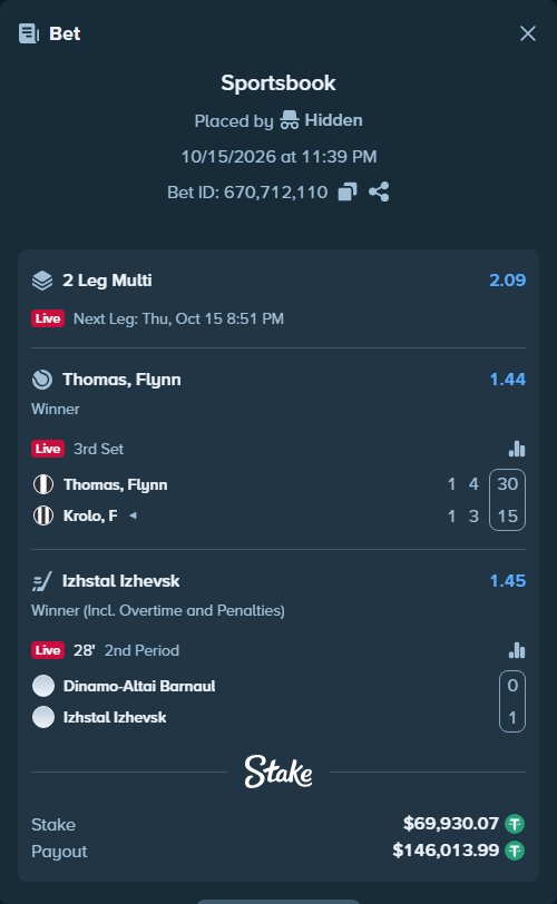 Bet slip: Thomas, Flynn - Krolo, F, $70,000.00 stake at 1.44 odds, placed by Hidden