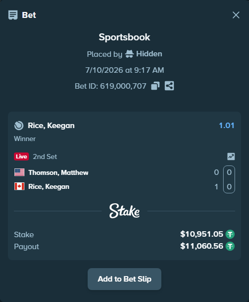 Bet slip: Thomson, Matthew - Rice, Keegan, $10,962.00 stake at 1.01 odds, placed by Hidden