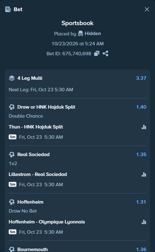 Bet slip: Thun - HNK Hajduk Split, $11,329.59 stake at 1.40 odds, placed by Jordann90