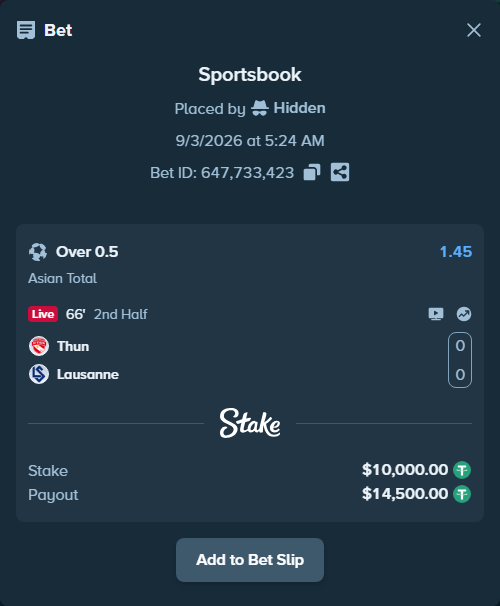 Bet slip: Thun - Lausanne, $10,000.00 stake at 1.45 odds, placed by Hidden