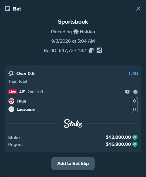 Bet slip: Thun - Lausanne, $12,000.00 stake at 1.40 odds, placed by Hidden