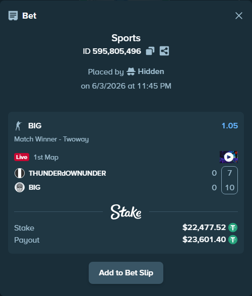 Bet slip: THUNDERdOWNUNDER - BIG, $22,500.00 stake at 1.05 odds, placed by Hidden