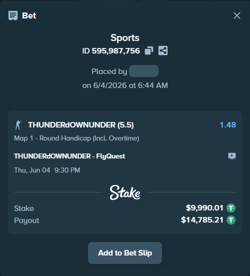 Bet slip: THUNDERdOWNUNDER - FlyQuest, $10,000.00 stake at 1.48 odds, placed by Zezula1