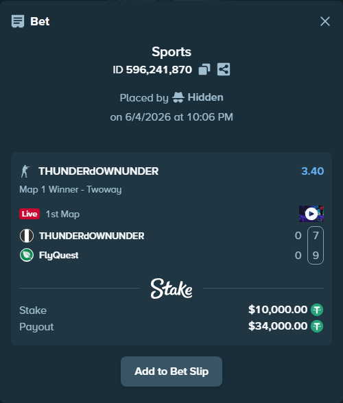 Bet slip: THUNDERdOWNUNDER - FlyQuest, $10,010.00 stake at 3.40 odds, placed by Hidden