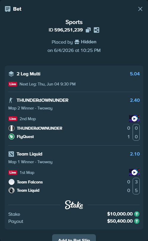 Bet slip: THUNDERdOWNUNDER - FlyQuest, $10,010.00 stake at 2.40 odds, placed by Hidden