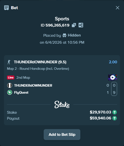 Bet slip: THUNDERdOWNUNDER - FlyQuest, $30,000.00 stake at 2.00 odds, placed by Hidden