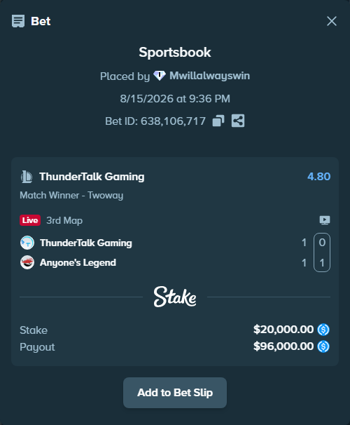 Bet slip: ThunderTalk Gaming - Anyone's Legend, $20,000.00 stake at 4.80 odds, placed by Mwillalwayswin
