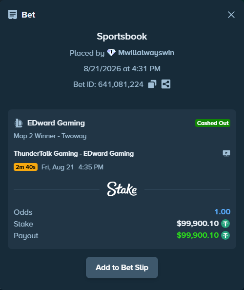 Bet slip: ThunderTalk Gaming - EDward Gaming, $100,000.00 stake at 2.00 odds, placed by Mwillalwayswin