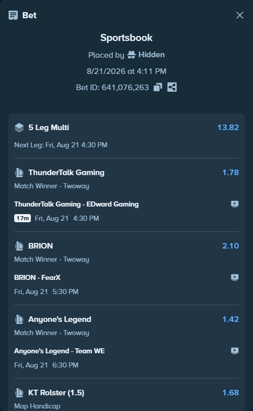 Bet slip: ThunderTalk Gaming - EDward Gaming, $100,100.00 stake at 1.78 odds, placed by Hidden