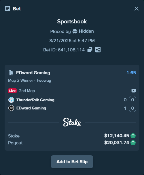 Bet slip: ThunderTalk Gaming - EDward Gaming, $12,152.59 stake at 1.65 odds, placed by Hidden