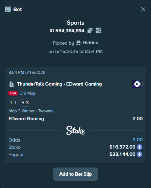 Bet slip: ThunderTalk Gaming - EDward Gaming, $13,202.29 stake at 2.00 odds, placed by Hidden